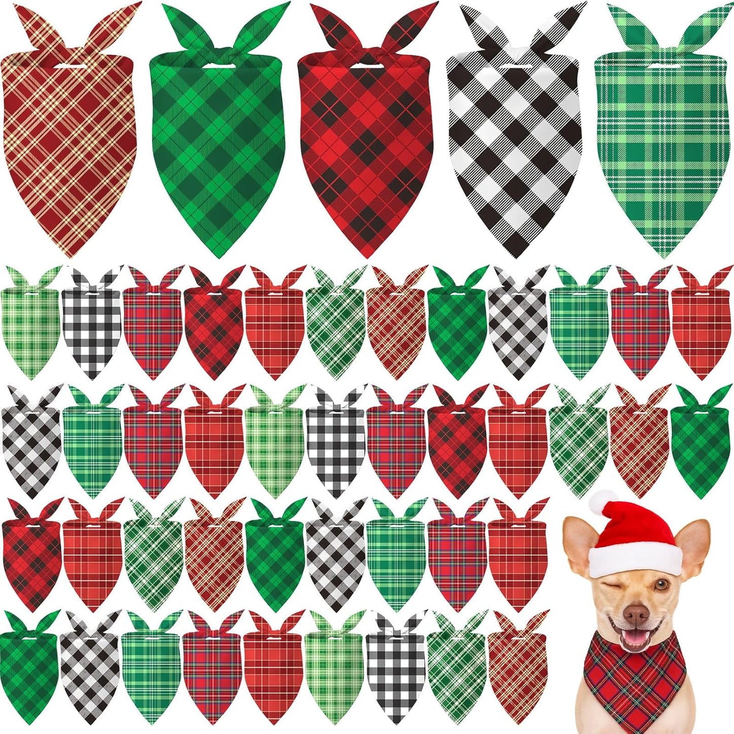 Weewooday 50 Pcs Christmas Dog Bandanas Bulk Xmas Red Green Buffalo Plaid Bandanas for Dogs Soft Bibs Adjustable Triangle Scarf for Small Medium Large Pets Costume (31.5 x 21.7 x 21.7 Inch)