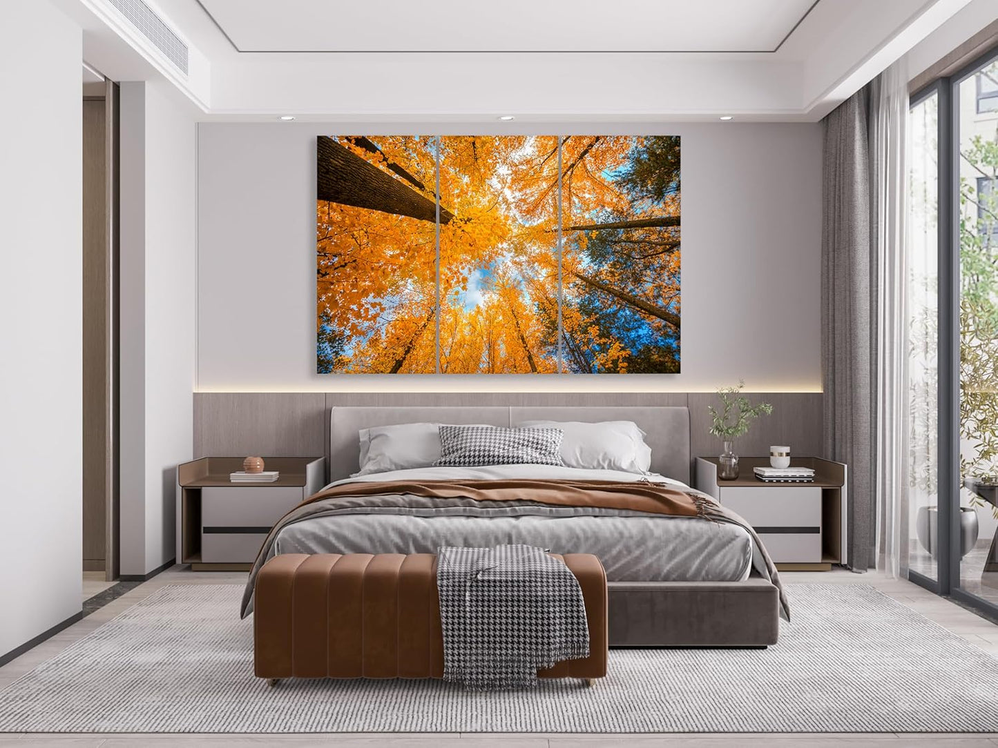 Nature Wall Art Prints - Ocean Forest Mountain Lake Canvas Landscapes - Small to Extra Large Living Room Bedroom Kitchen Bathroom Décor (Blue Sky Through Yellow Autumn Trees, 39L" x 59W" - 3 Panels)