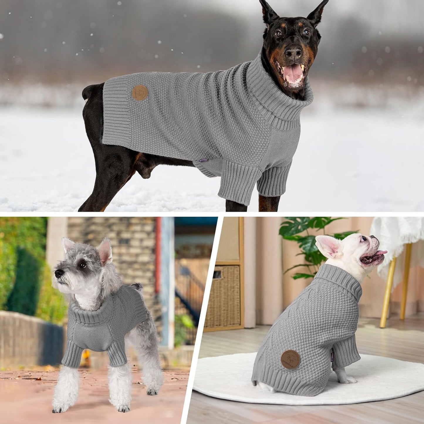 cyeollo Dog Sweater Turtleneck Knitted Sweaters with Leash Hole Soft Knitwear Warm Dog Clothes for Medium Dogs, Grey XXL