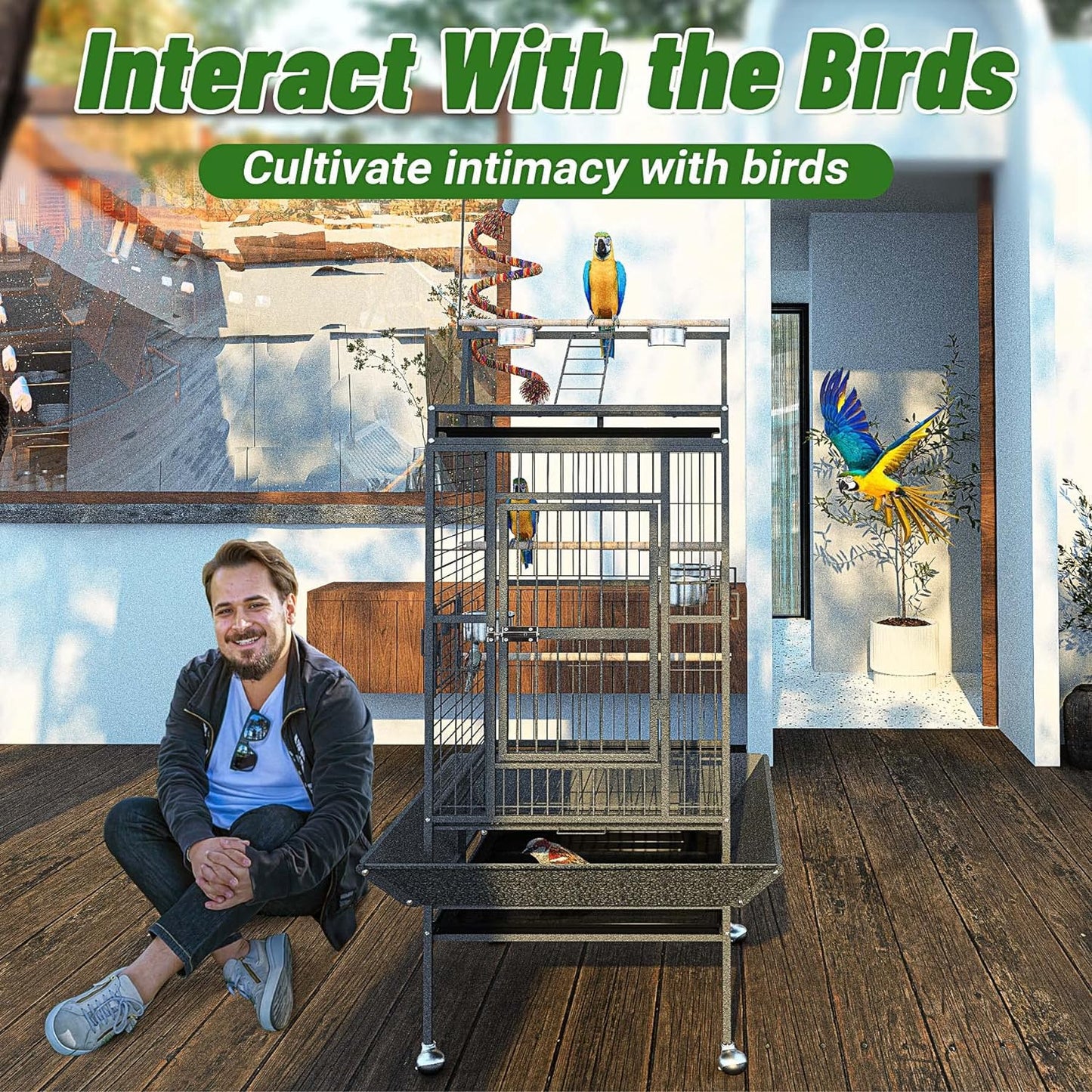 82 Inch Bird Cage, BOINN Bird Flight Cages with Rolling Stand & Bottom Tray, Wrought Iron Parrot Cage with PlayTop for Parakeet, Lovebirds, Ringneck, Cockatiels