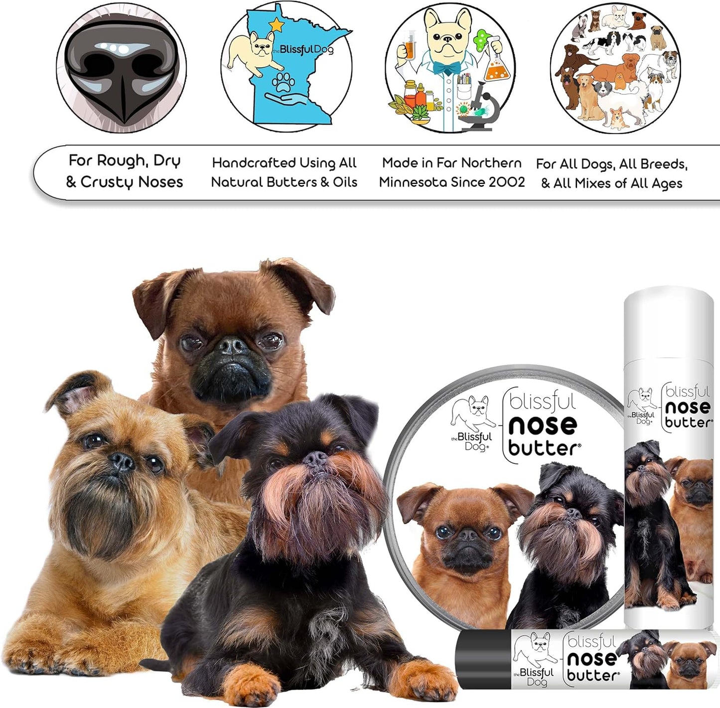 The Blissful Dog Brussels Griffon Nose Butter for Dry, Cracked Skin, Lick-Safe Dog Nose Balm with Moisturizing Shea Butter, Almond, Olive, and Essential Oils, Pet Supplies, Uncented, 4 oz.