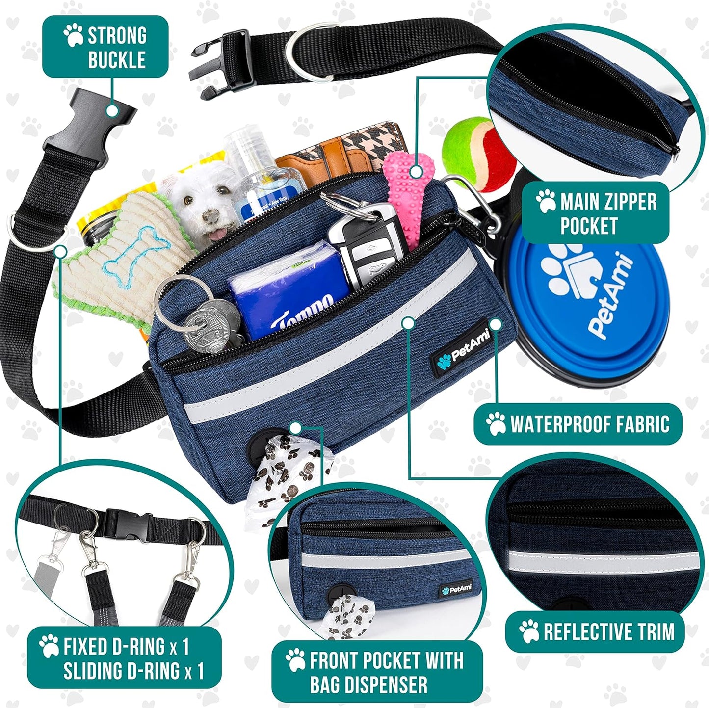 PetAmi Hands Free Dog Leash, Dog Running Leash Belt for Walking Jogging, Dog Waist Zipper Pouch Fanny Pack with Poop Bag Dispenser, Dual Padded Handle Bungee Leash for Small Medium Large Dogs, Single