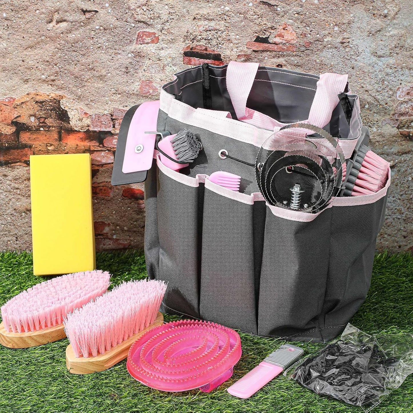 Abbylike 12 Pieces Horse Grooming Kit with Organizer Tote Bag Tack Room Supplies Horse Brush Sets Equine Care Cleaning Kit Shedding Grooming Massaging Tools(Pink and Grey)