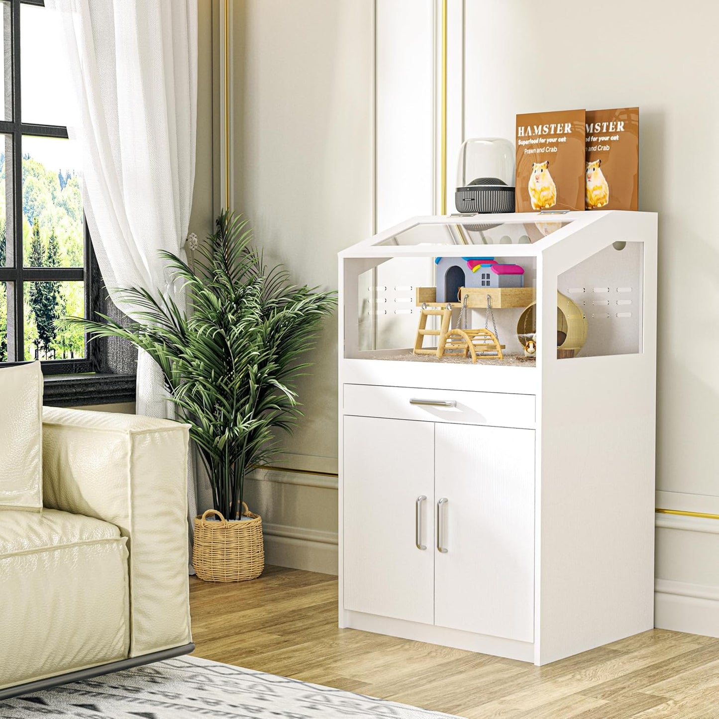 Hamster Cage with Storage Cabinet, Guinea Pig Cage for Small Animals, Large Hamster Cage and Habitat with Easy View Acrylic Panels for Hamster, Rabbit, Guinea Pig, Hedgehog (24"x19"x40")