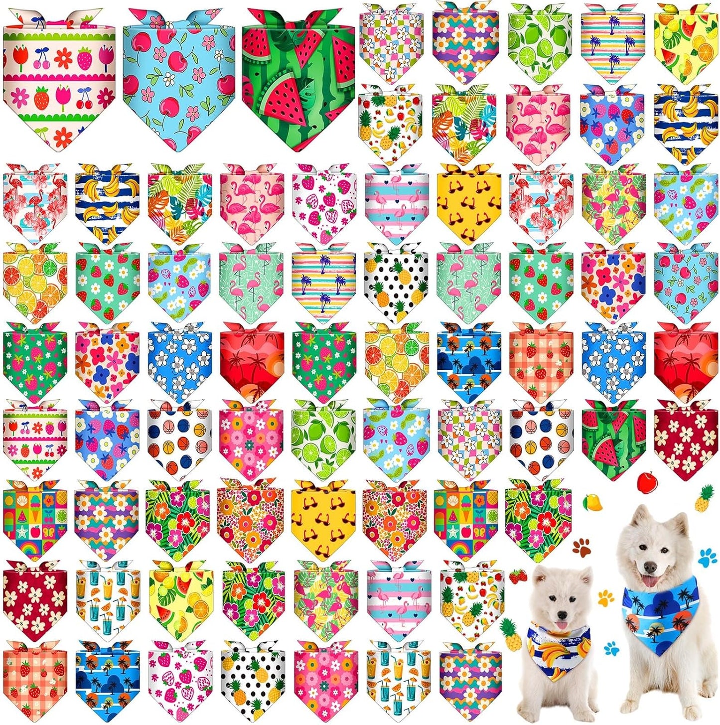 72 Pcs Hawaiian Dog Bandanas Bulk Summer Triangle Scarf Fruit Cat Bibs Puppy Scarf Flower Pet Bandanas for Puppy Cat Birthday Party Costume