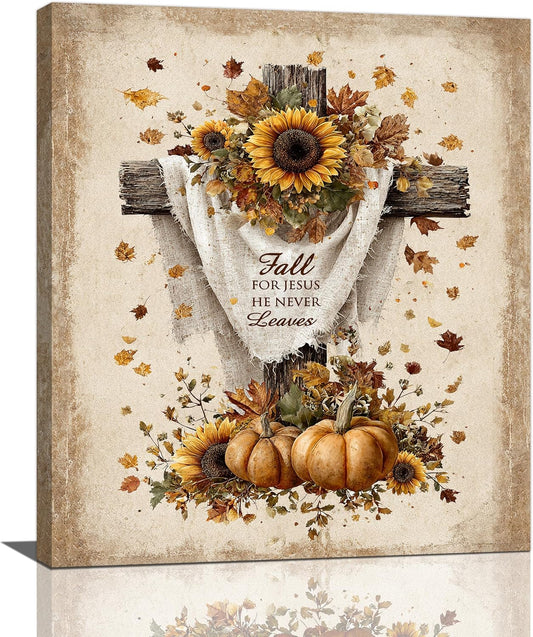 Christian Fall Wall Art Autumn Rustic Cross Sunflower Pumpkin Wall Decor Fall for Jesus He Never Leaves Pictures Painting Print Framed Artwork Decorations Gifts for Living Room Bedroom Prayer Room Office 20"x24"