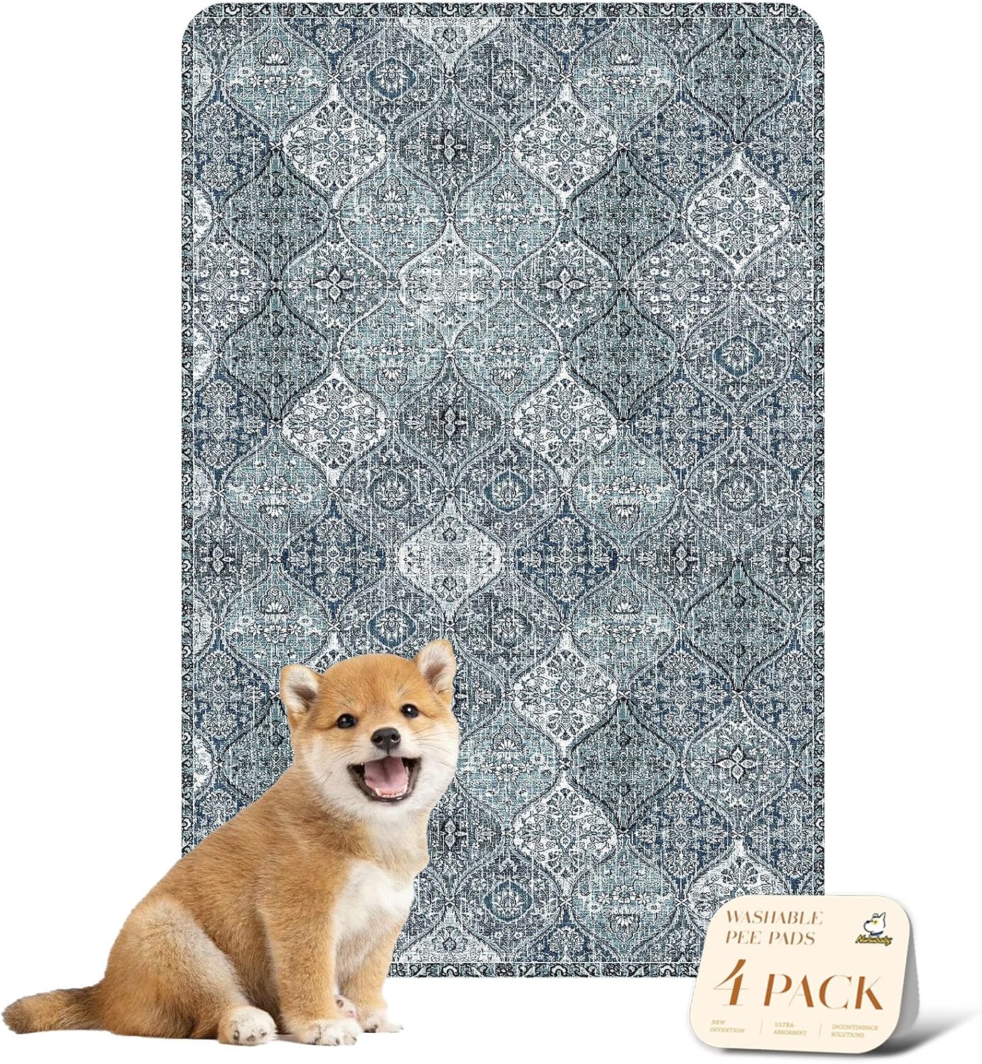 nunubaby 4PACK Washable Pee Pads for Dogs, Stylish, Non-Slip and Leak-Proof Pee Pads. Reusable Potty Pads for Dogs for Crates and Floors.(Blue/Multi, 24" x36" )