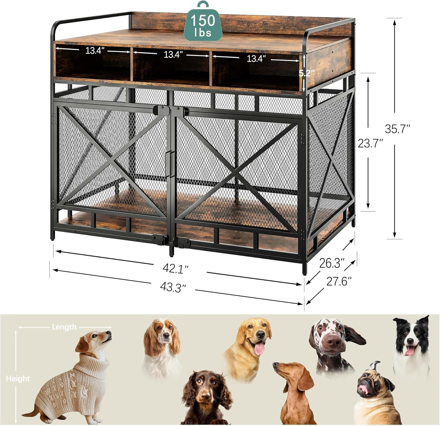 Dog Crate Furniture, 43" Heavy Duty Wooden Dog Crate End Table, XL Dog Kennel Furniture Large Breed, Decorative Dog Kenne Indoor with 3 Drawers & Steel Tubes 43" L x28 W x36 H (Rustic Brown)
