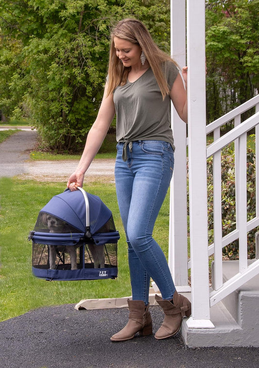 Pet Gear No-Zip View 360 Pet Safety Carrier & Car Seat for Small Dogs & Cats Push Button Entry, View 360 20-inch, Navy