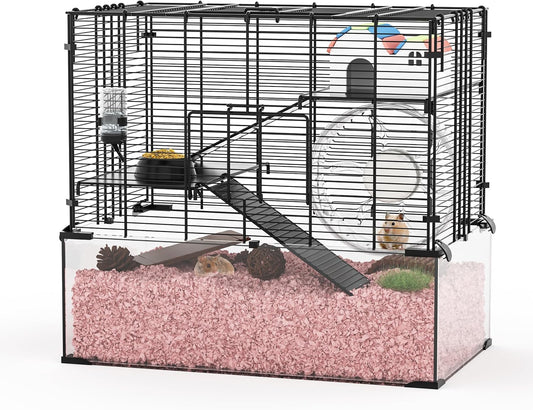 3-Tier Glass Hamster Tank, Large Hamster Cage Habitat with 11inch Big Running Wheel for Rat, Mouse, Gerbil, Syrian Hamster, 370 SQ INCHES