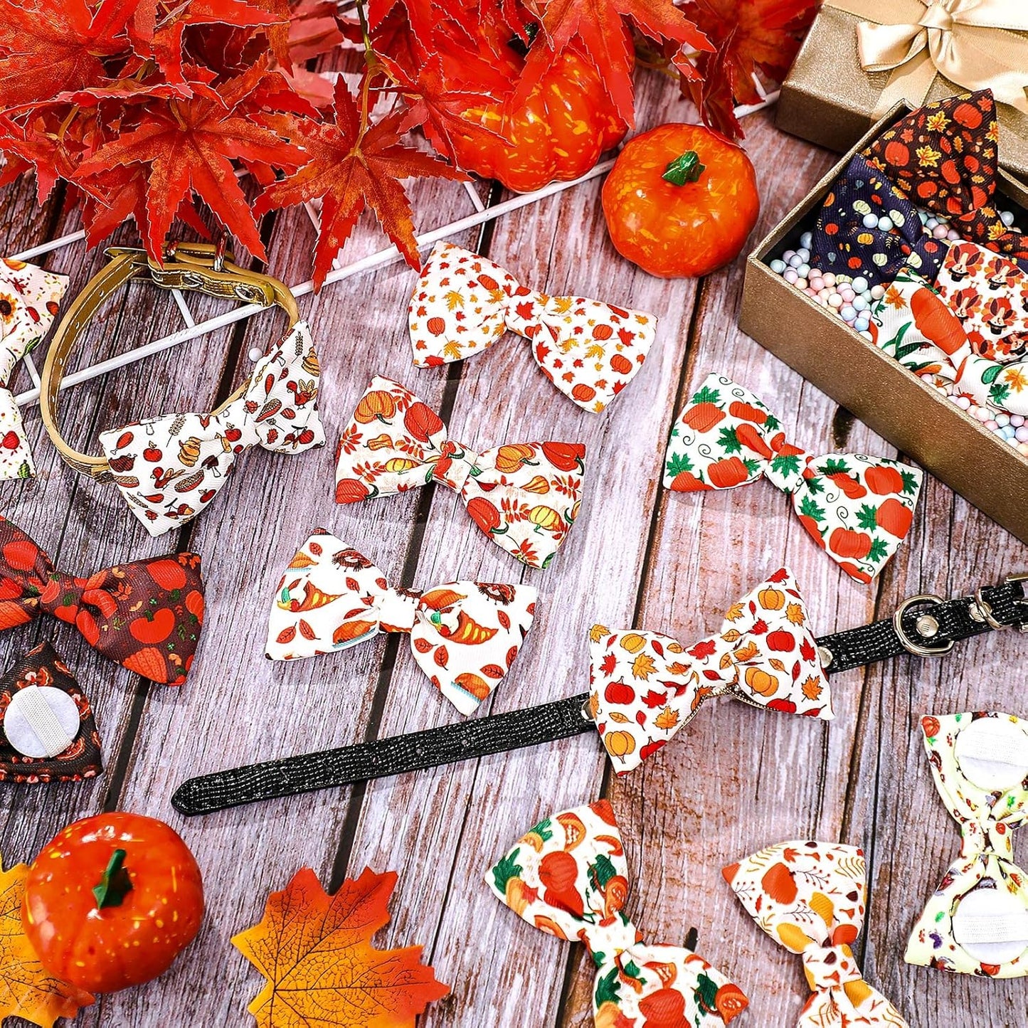 Weewooday 16 Pcs Dog Bow Ties Slide Pet Collar Bows Summer Hawaiian Styles Large Dog Collar Attachment Bowtie with Rubber Bands Male Pet for Spring Summer Grooming Independence Day(Pumpkin Style)