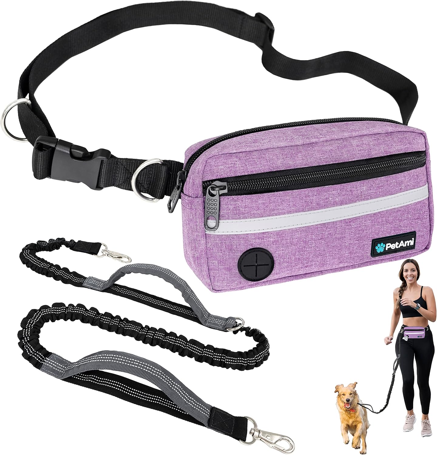 PetAmi Hands Free Dog Leash, Dog Running Leash Belt for Walking Jogging, Dog Waist Zipper Pouch Fanny Pack with Poop Bag Dispenser, Dual Padded Handle Bungee Leash for Small Medium Large Dogs, Single