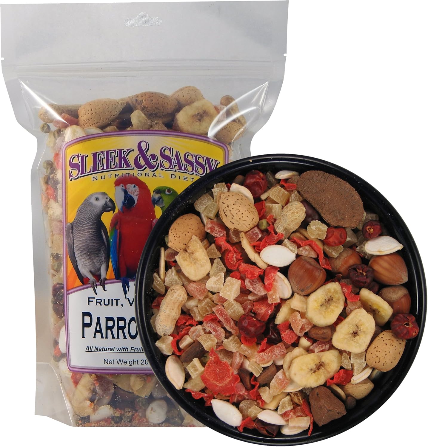SLEEK & SASSY Fruit, Veggie, Nut Parrot Treat Perfect for Large Conures, Amazons, African Greys, Cockatoos, Pionus-Parrots & Macaws (20 oz.)
