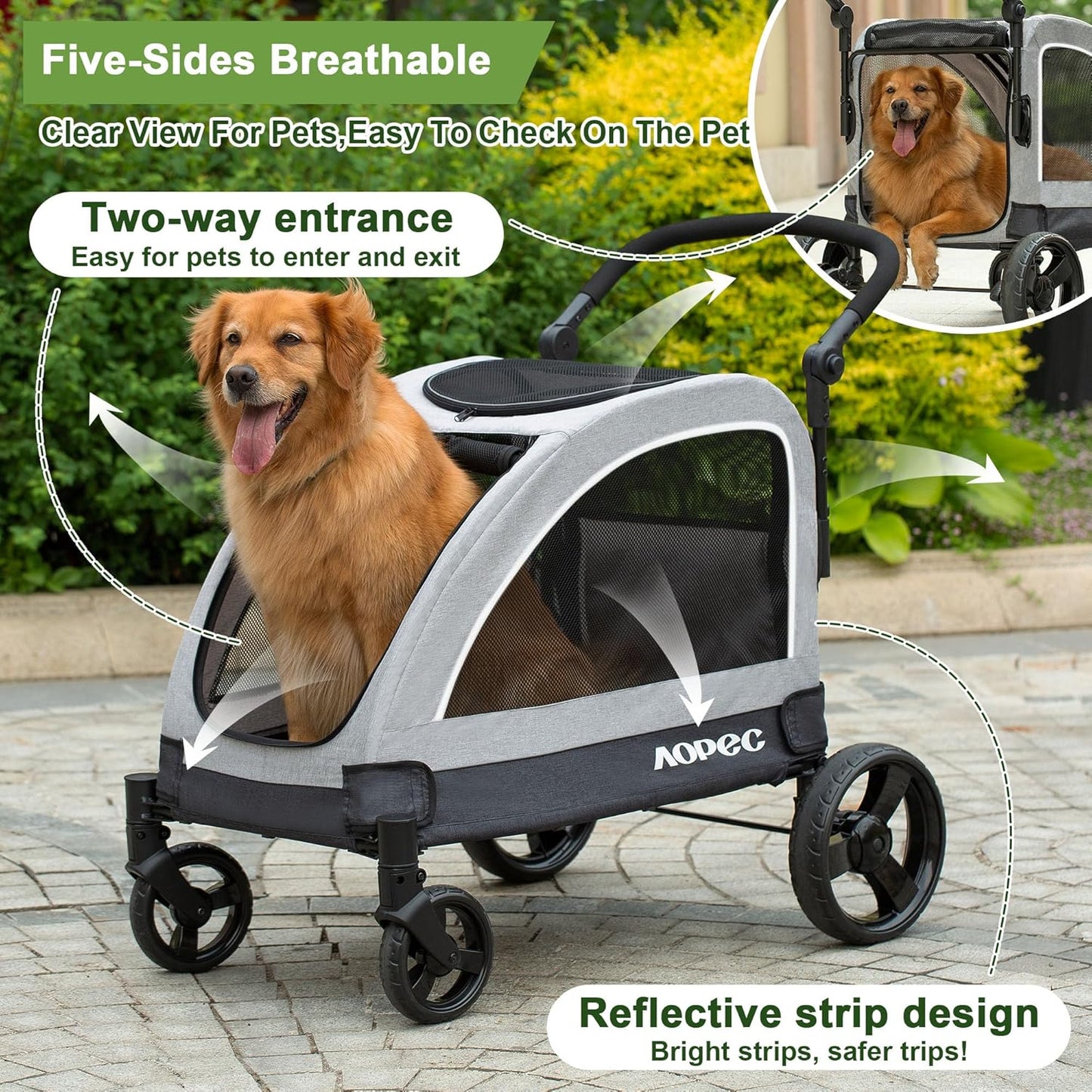 Large Dog Stroller - Dual Entry Safety Folding Pet Stroller with Adjustable Handle, All-Terrain 4-Wheel, 160 lbs Weight Capacity for Travel & Outdoor Adventures - Gray