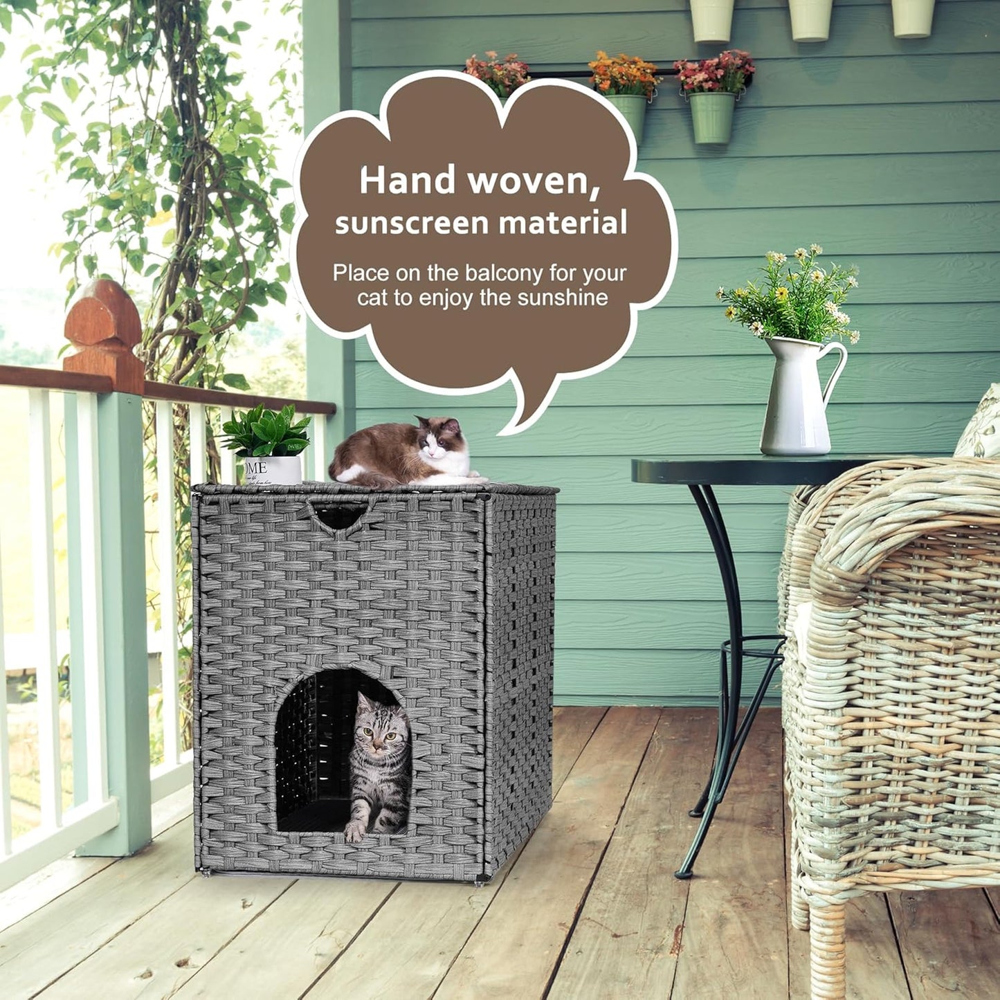 Cat Litter Box Enclosure with Litter Trapping Mat; Handwoven Plastic Rattan Cat House; No Installation Hidden Cat Washroom; Pet Crate for Balcony,Bedroom,Living Room