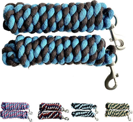 Majestic Ally Pack of 2 Solid Cotton Lead Rope for Horses & Livestock – 10 Foot Long and 5/8 inch Thick - Replaceable Heavy-Duty Satin Bolt Snap – Handmade – Soft, Broken in Feel (Turquoise -Brown)
