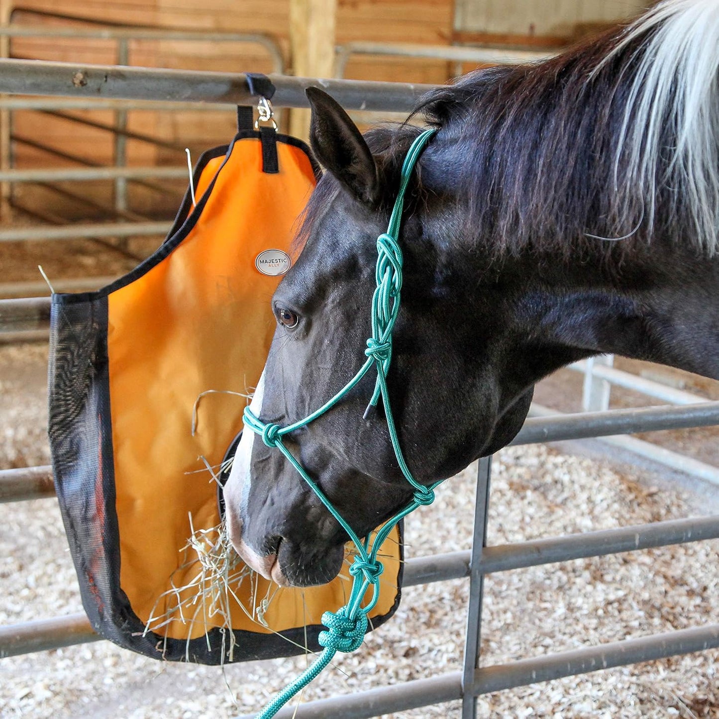 Majestic Ally 1200 D Hay Feeder Tote Bag for Horses, Sheep with Reflective Trim- Reduces Waste - Comes with 36” Hay Net. (Royal Blue)
