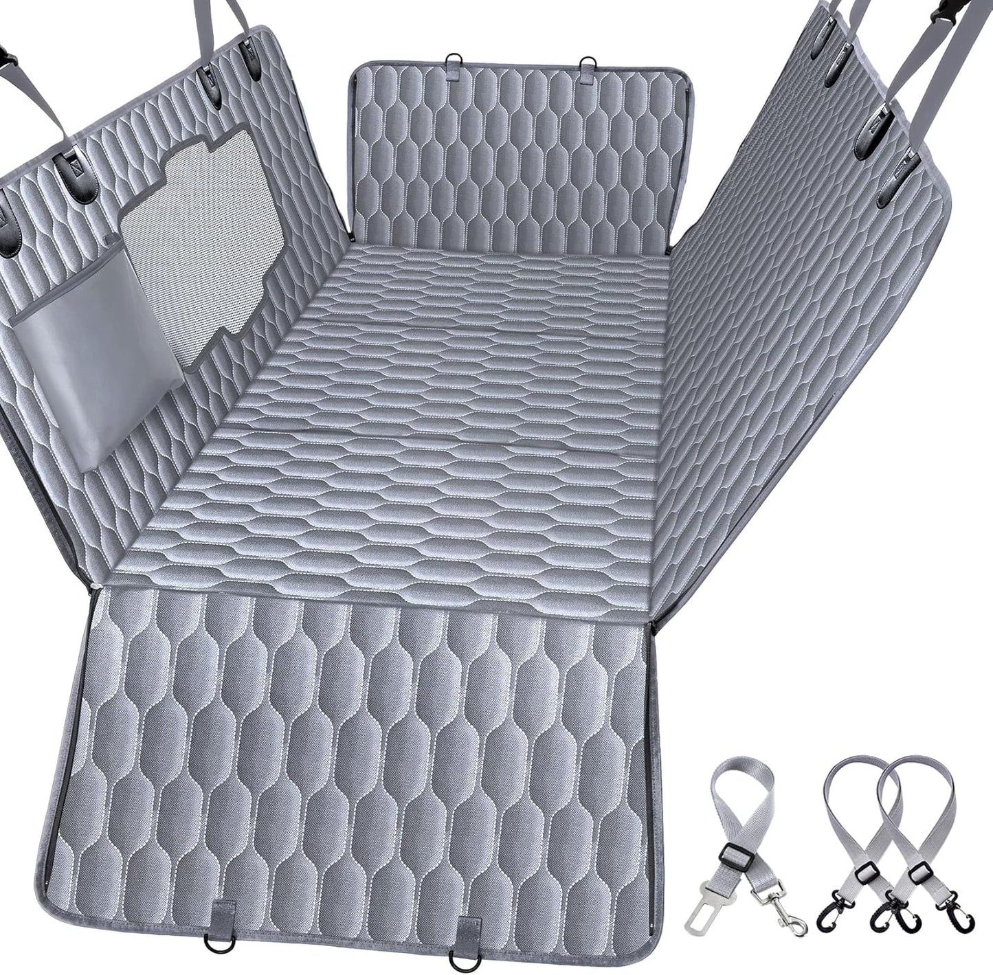 Back Seat Extender for Dogs-Supports 400lb,Waterproof Dog Car Seat Cover Hard Bottom-Detachable,600D Heavy Duty Scratch Proof Nonslip Soft,Dog Hammock for Car,SUVs-Grey