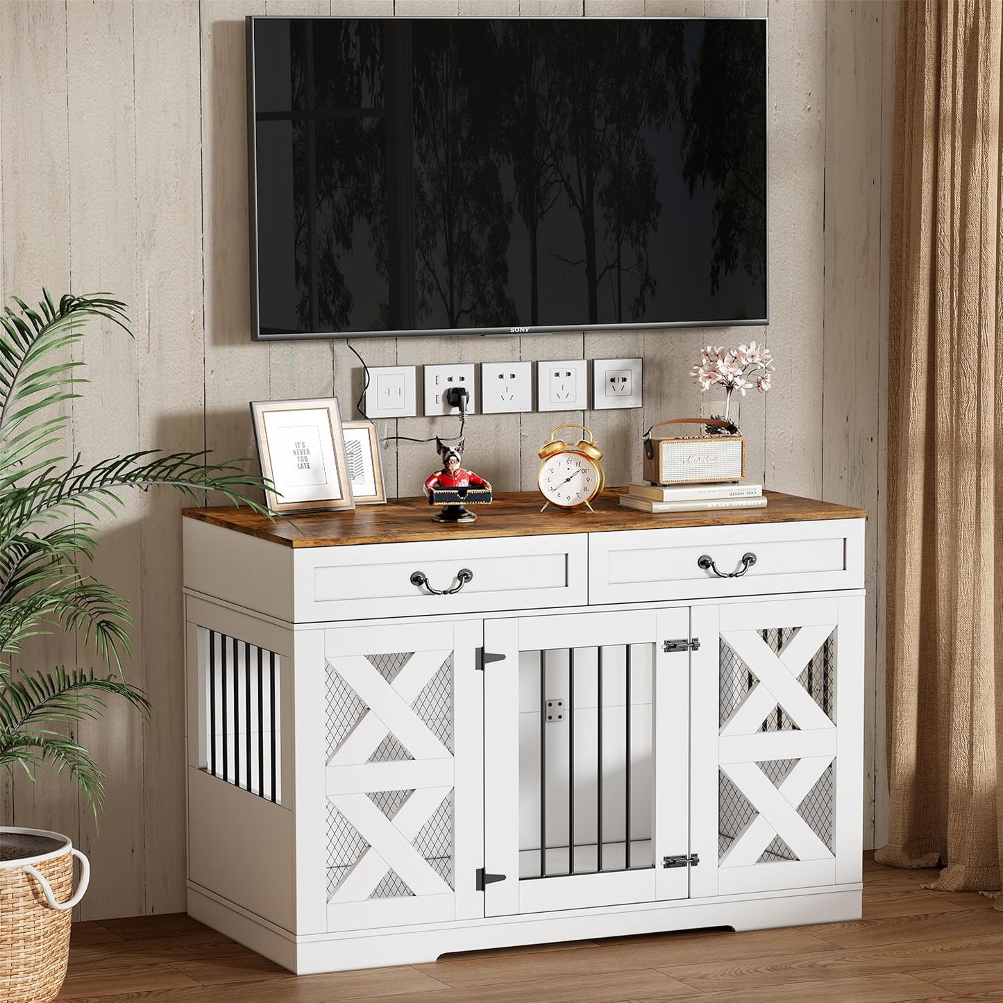 Large Dog Crate Furniture - Dog Kennel with Drawers Storage and Locks, 2-in-1 Crates for Dogs Indoor, Heavy Duty Dog Crate for One Large or 2 Small Dogs