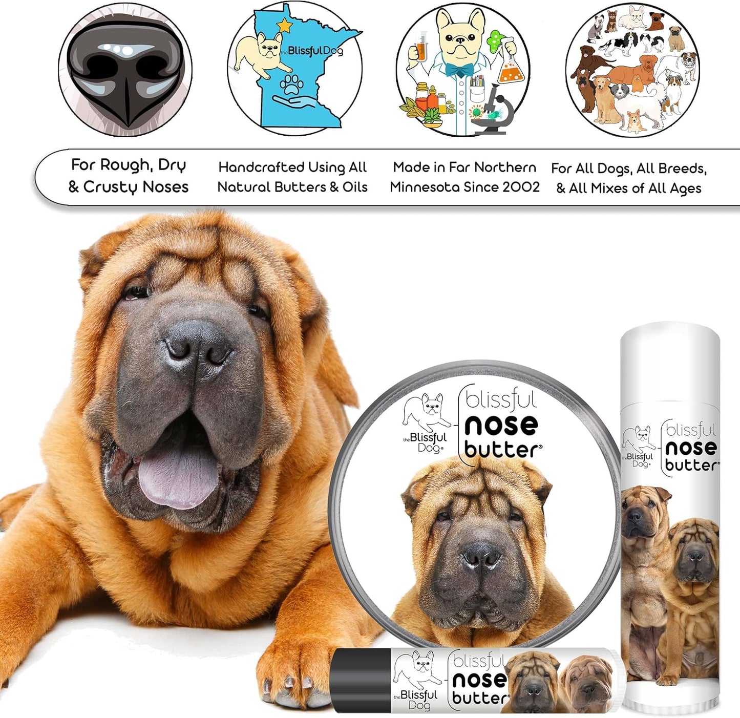 The Blissful Dog Chinese Shar-Pei Nose Butter for Dry, Cracked Skin, Lick-Safe Dog Nose Balm with Moisturizing Shea Butter, Almond, Olive, and Essential Oils, Pet Supplies, Uncented, 8 oz.