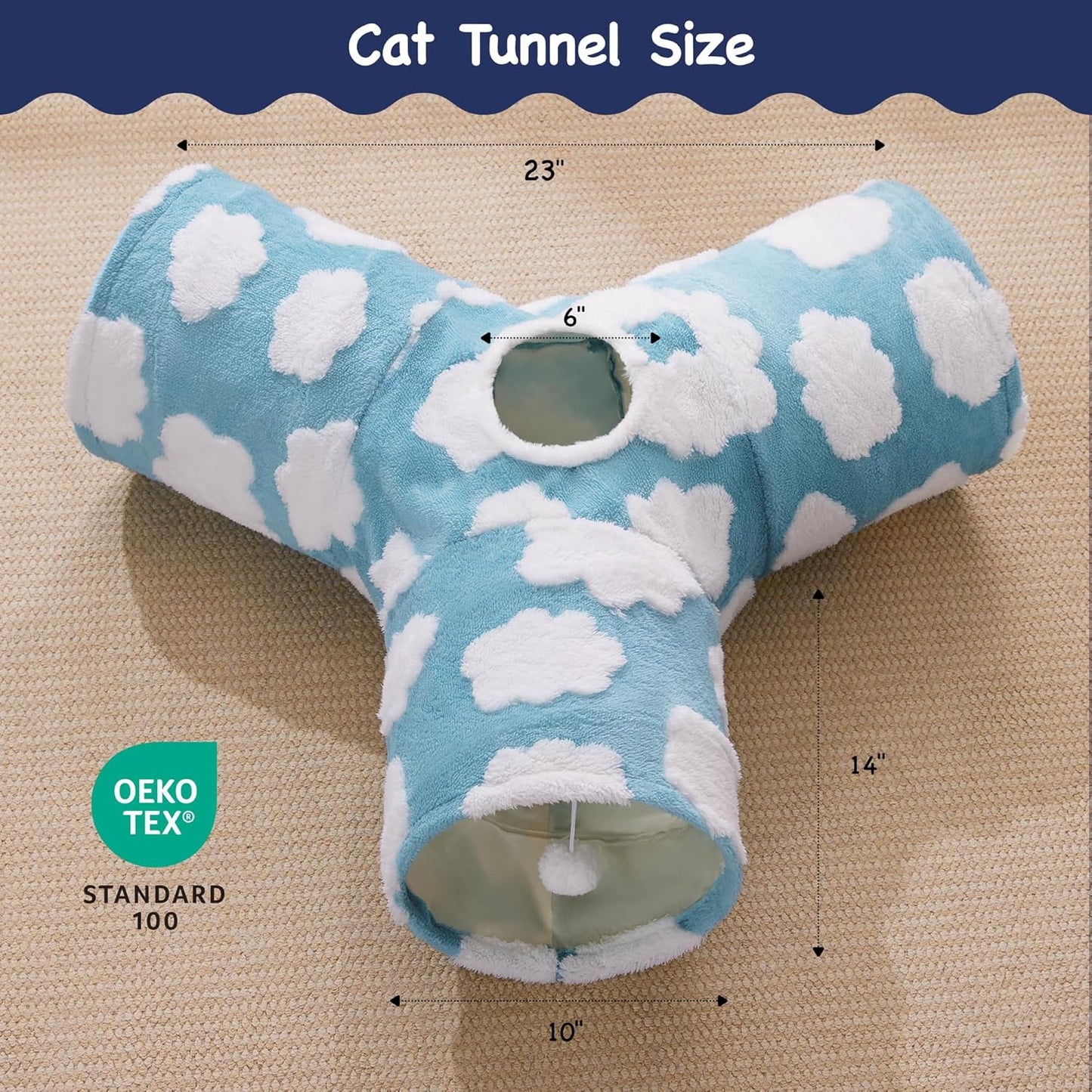 Tempcore Flannel Pet Cat Tunnel Tube Cat Toys 3 Way Collapsible, Cat Tunnels for Indoor Cats, Pet Toys Peek Hole Toy Ball Puppy, Kitty, Kitten, Rabbit, Cloud Blue