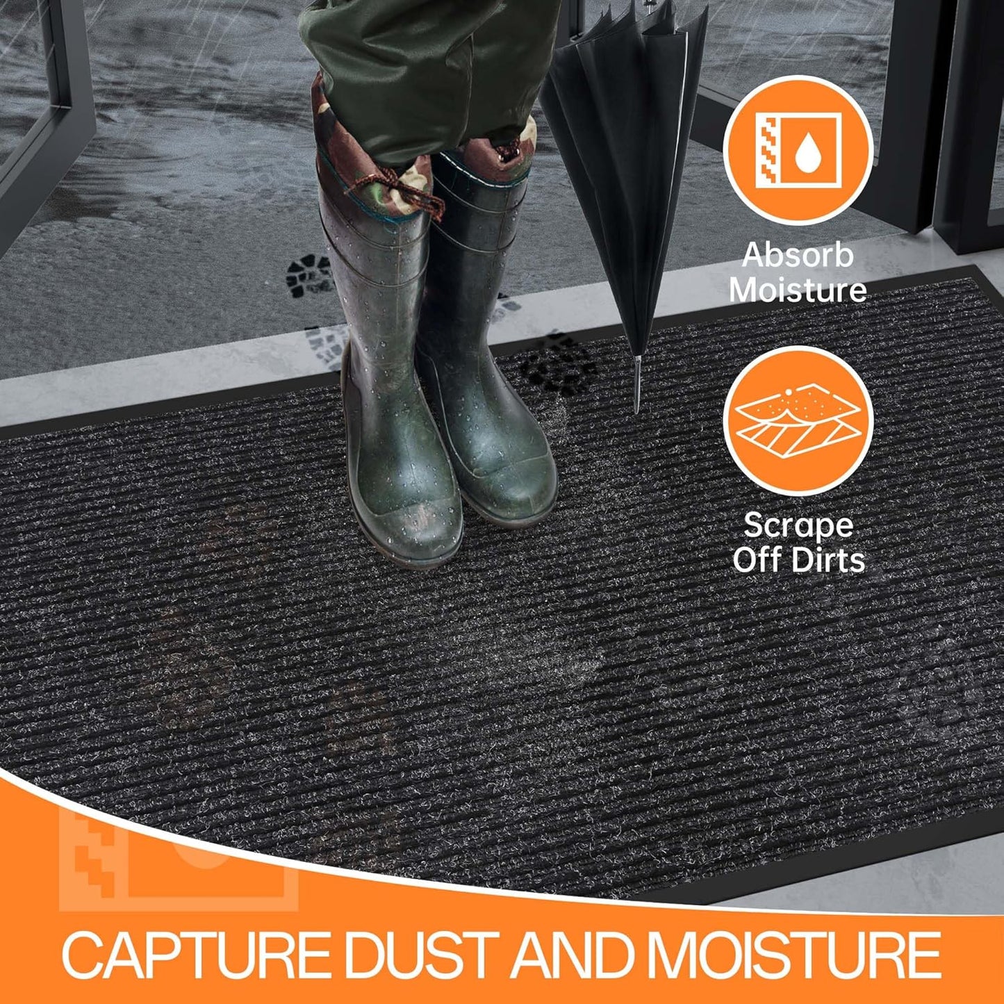 Indoor Outdoor Door Mat, 6' x 2' Doormat for Entryway, Rubber Backing Non Slip Front Door Mat Outside Entrance, Super Absorbent Commercial Floor Mat for Home Office, Black