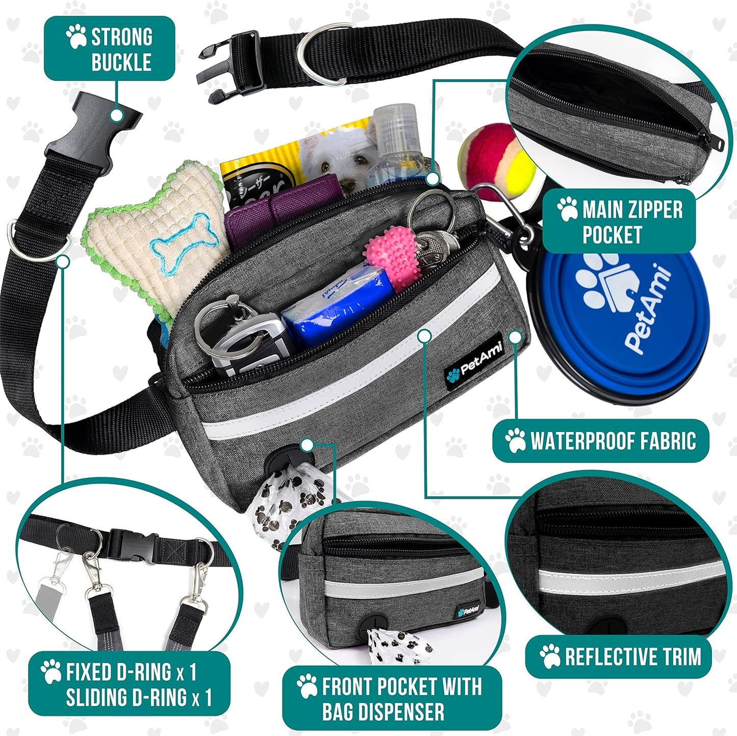 PetAmi Hands Free Dog Leash, Dog Running Leash Belt for Walking Jogging, Dog Waist Zipper Pouch Fanny Pack with Poop Bag Dispenser, Dual Padded Handle Bungee Leash for Small Medium Large Dogs, Double