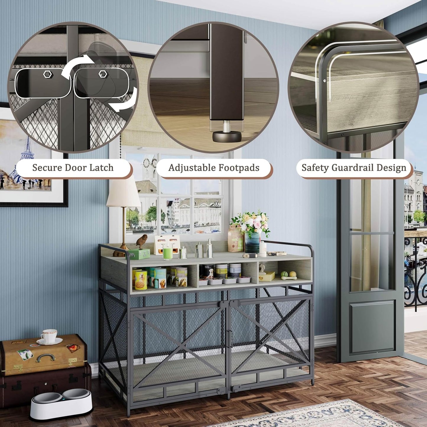 Dog Crate Furniture, 48" Heavy Duty Wooden Dog Crate End Table, XL Dog Kennel Furniture Large Breed, Decorative Dog Kennel Indoor with 3 Drawers & Steel Tubes 48" L x28 W x36 H (Grey)