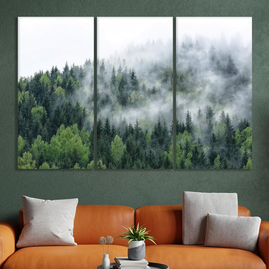 Nature Wall Art Prints - Ocean Forest Mountain Lake Canvas Landscapes - Small to Extra Large Living Room Bedroom Kitchen Bathroom Décor (Pine Trees in Fog, 47L" x 71W" - 3 panels)