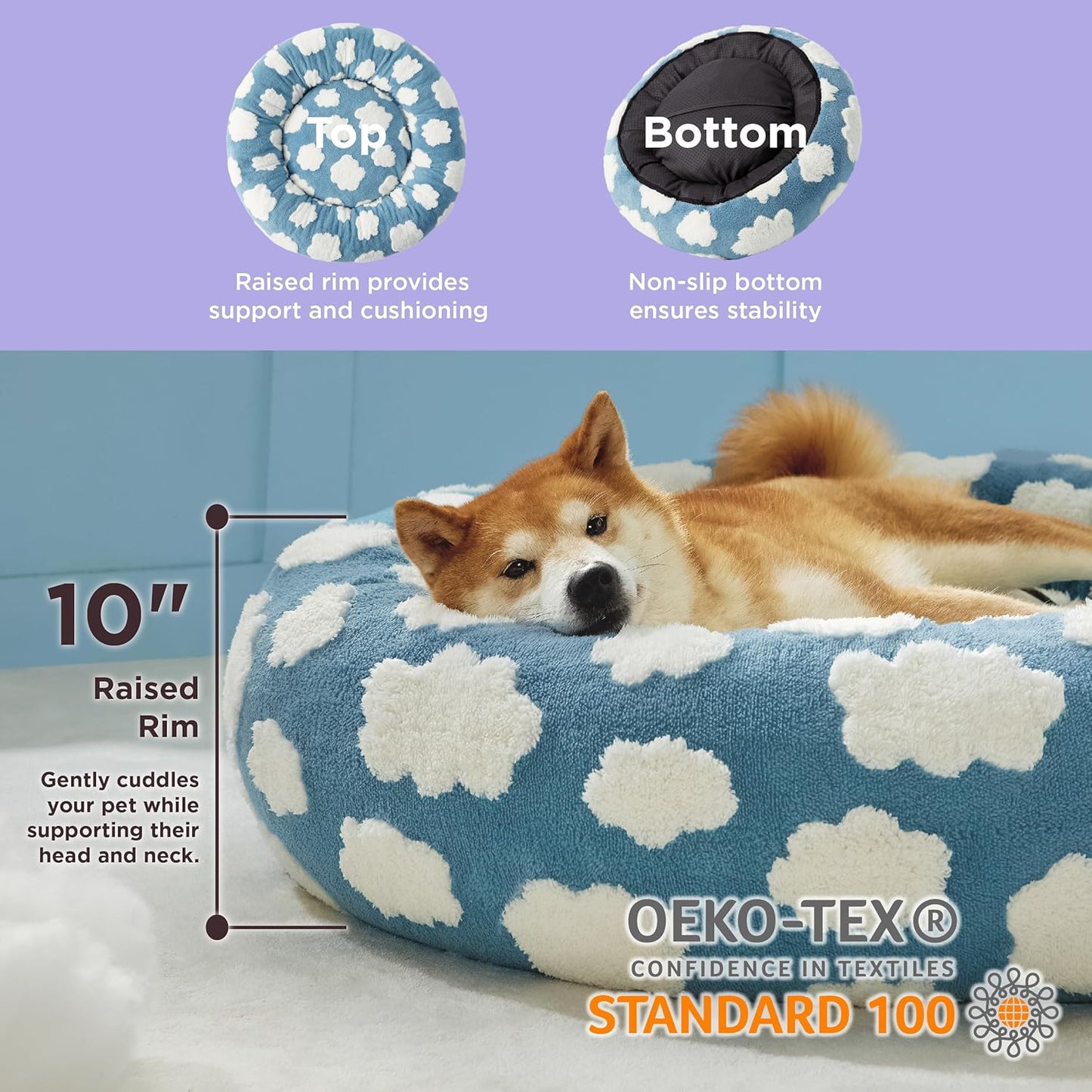 LE SURE Donut Dog Beds Large Sized Dog - Round Pet Beds for Calming Puppy with Washable Cover, Orthopedic Modern Beds with Jacquard Shaggy Plush & Anti Slip Bottom, 36 Inch，Blue