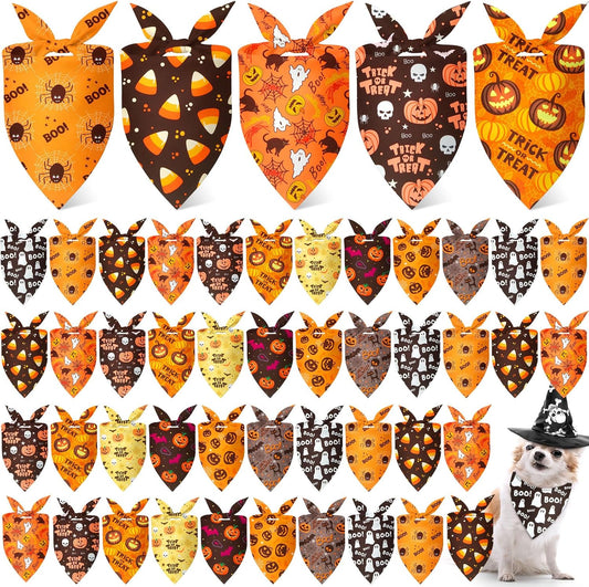 Weewooday 50 Pcs Halloween Dog Bandanas Bulk Pumpkin Ghost Bandanas for Dogs Soft Triangle Bibs Adjustable Triangle for Small Medium Large Pets Halloween Party Costume(25.6 x 17.7 x 17.7 inch)