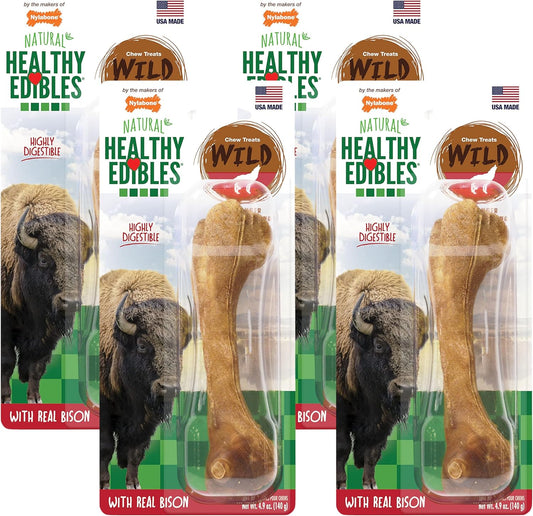 Nylabone Healthy Edibles Wild Natural Long-Lasting Bison Flavor Bone Chew Treats for Dogs, Large (1 Count) (Pack of 4)