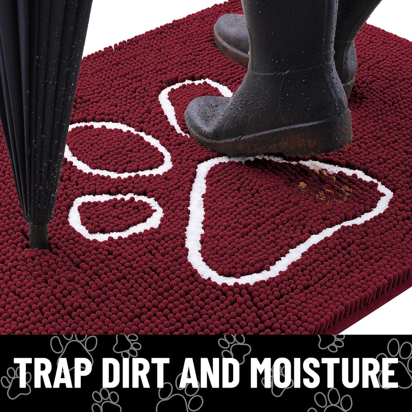 Smiry Dog Door Mat for Muddy Paws, Absorbent Dirt Trapper Non Slip Quick Dry Washable Chenille Mat for Mud Dogs, Entry Rug for Indoor and Outdoor (70x24 Inches, Burgundy)