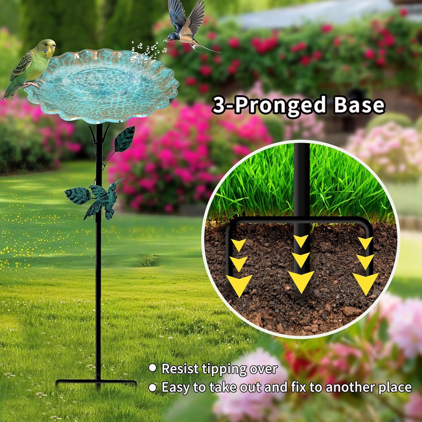 Bird Bath for Outside, Metal Birdbath Freestanding Bird Bath & Birdfeeder with 3-Pronged Base, Using for Outdoors Garden Patio Yard, Green