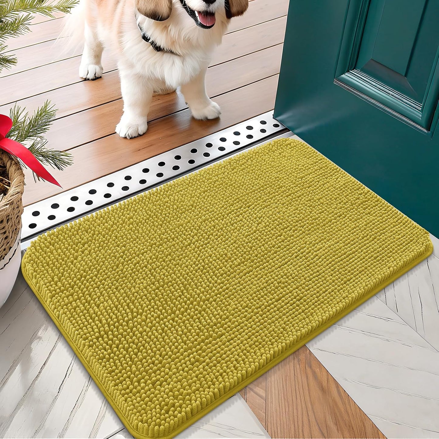 OLANLY Dog Door Mat for Muddy Paws 24x16, Absorbs Moisture and Dirt, Absorbent Non-Slip Washable Doormat, Quick Dry Chenille Mud Mat, Entry Indoor Entryway Carpet for Inside Floor, Mustard Yellow