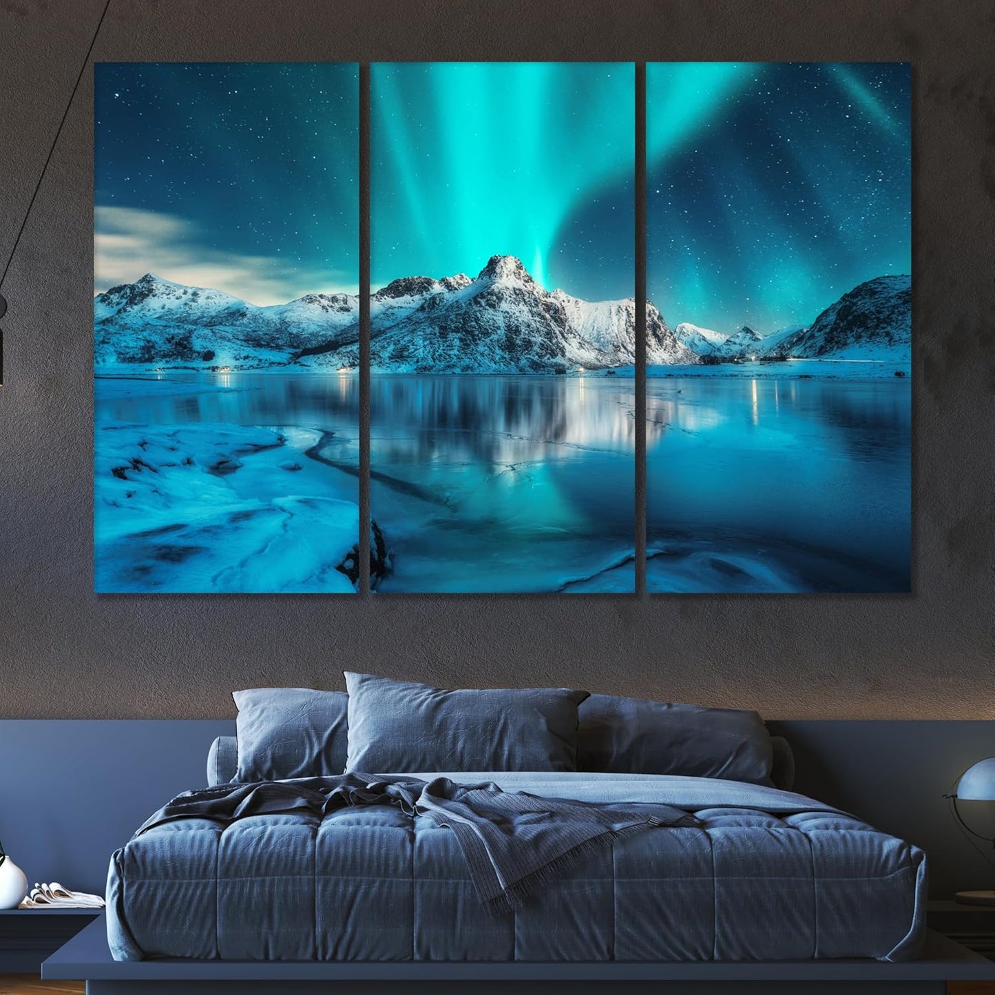 Nature Wall Art Prints - Ocean Forest Mountain Lake Canvas Landscapes - Small to Extra Large Living Room Bedroom Kitchen Bathroom Décor (Northern Lights Over Lake, 55L" x 83W"- 3 Panels)