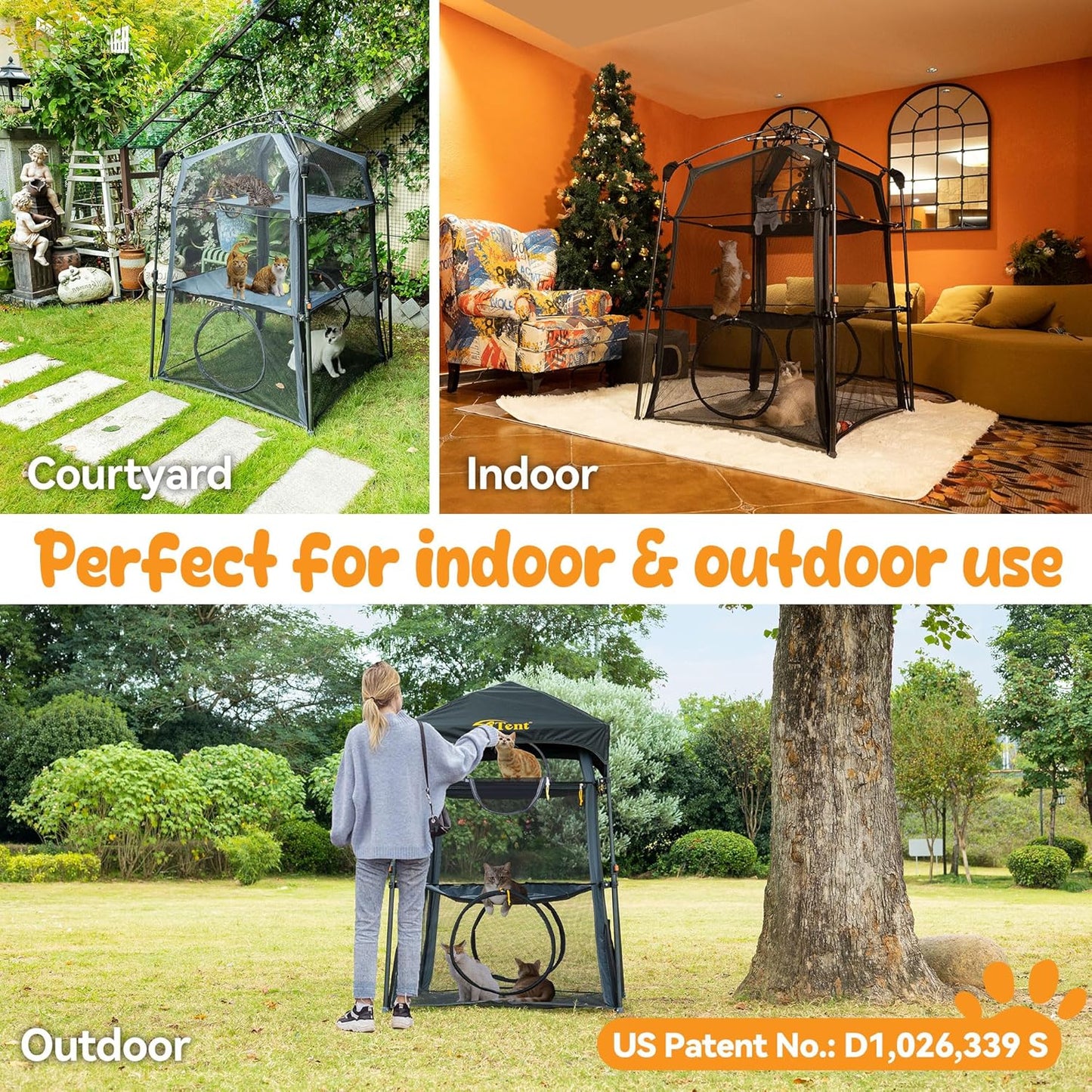 X-Large Catio Outdoor Cat Enclosure and Cat Tower Tent for Indoors and Outdoor,3 Tier Spacious Cat Tent,Portable and Foldable Catio,Two Doors Design can Assemble More Shapes (Patented)