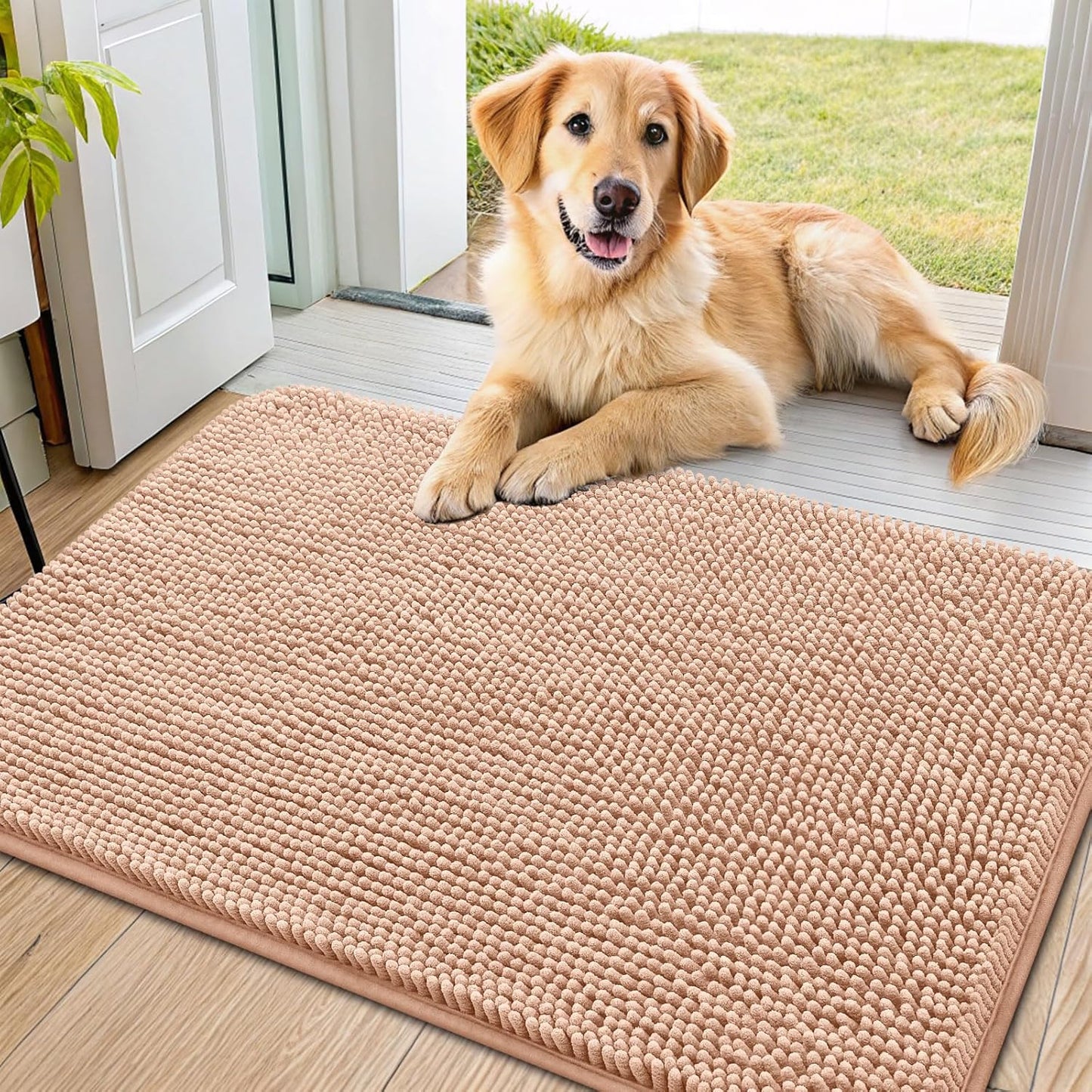 Smiry Dog Door Mat for Muddy Paws 36x24, Absorbs Moisture and Dirt Doormat, Non-Slip Washable Quick Dry Chenille Front Door Mat Indoor Entrance, Entryway Carpet for Inside Floor, Peach