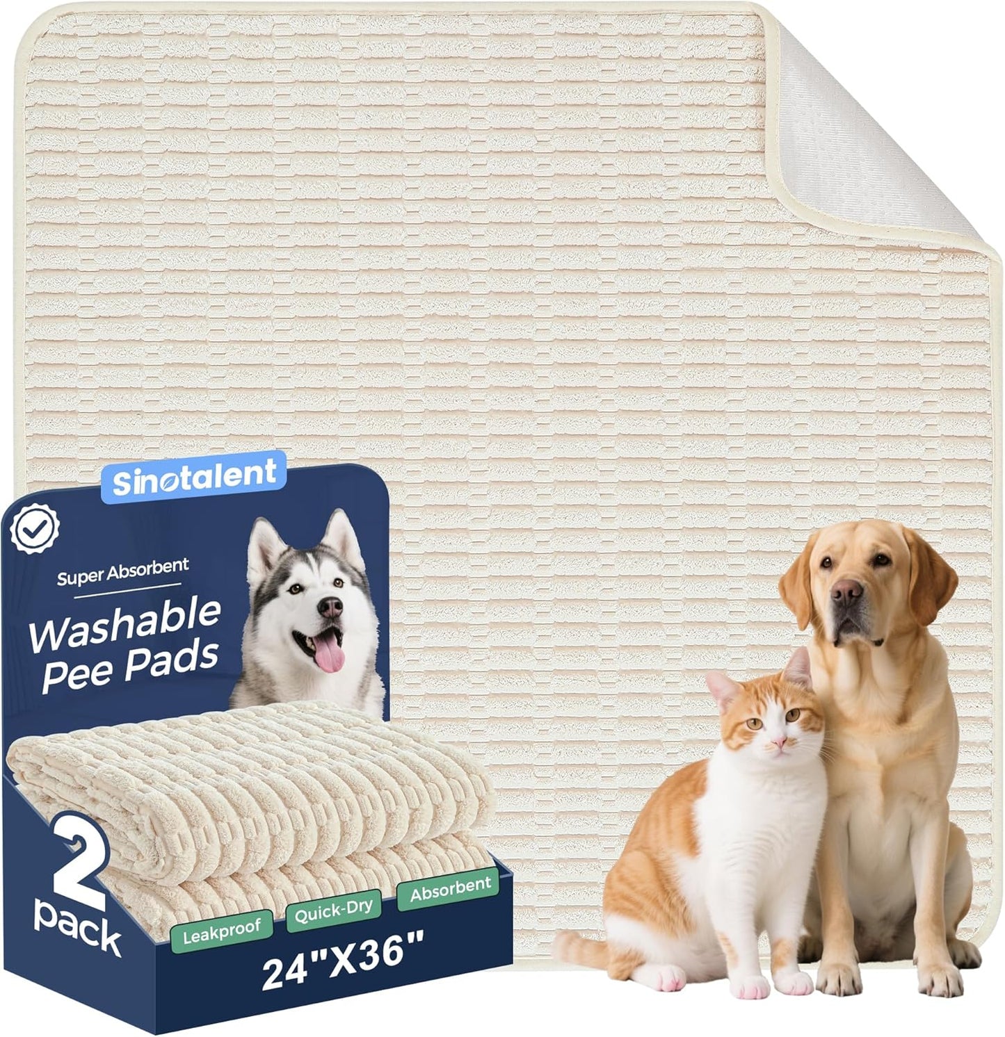 Washable Pee Pads for Dogs, 2 Pack Reusable Puppy Pads Dog Pads, Non-Slip Dog Pee Pads, Leakproof Pet Pee Pads Wee Wee Pads for Dogs. (Cream White, 24"x36"(Pack of 2))