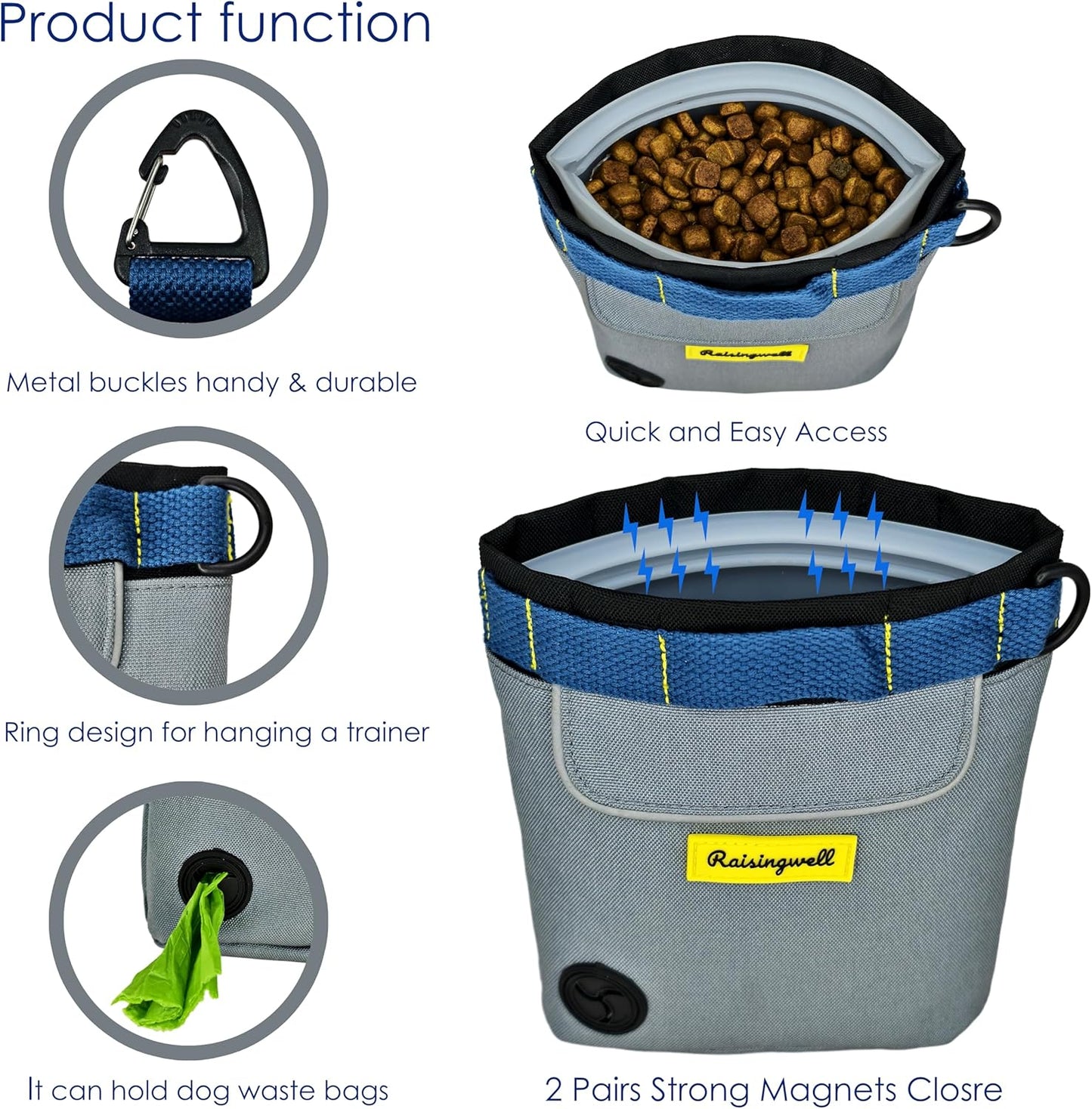 Dog Treat Pouch for Pet Walking and Training with Clicker 2 Cup Silicone Bag Small Fanny Pack Holder for Puppy Snack Dispenser Kit for Leash and Outdoor Use (Gray)