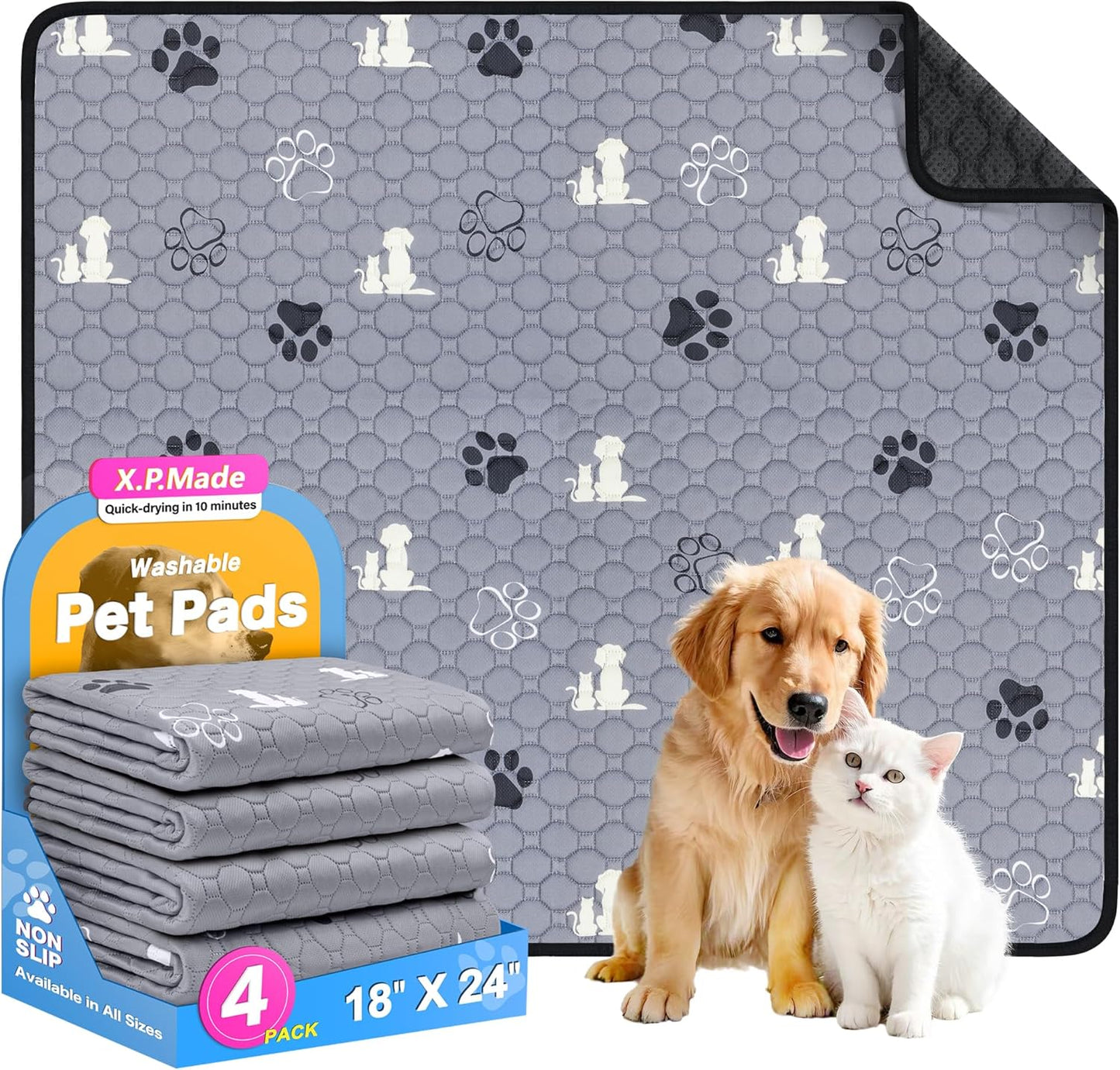 Washable Pee Pads for Dogs, 4 Pack Reusable Puppy Pads, Waterproof Pet Pee Pads for Dog Potty Training, Extra Large Dog Pee Pads for Crate, Playpen, and Whelping, Durable and Absorbent, Grey 18"x24"