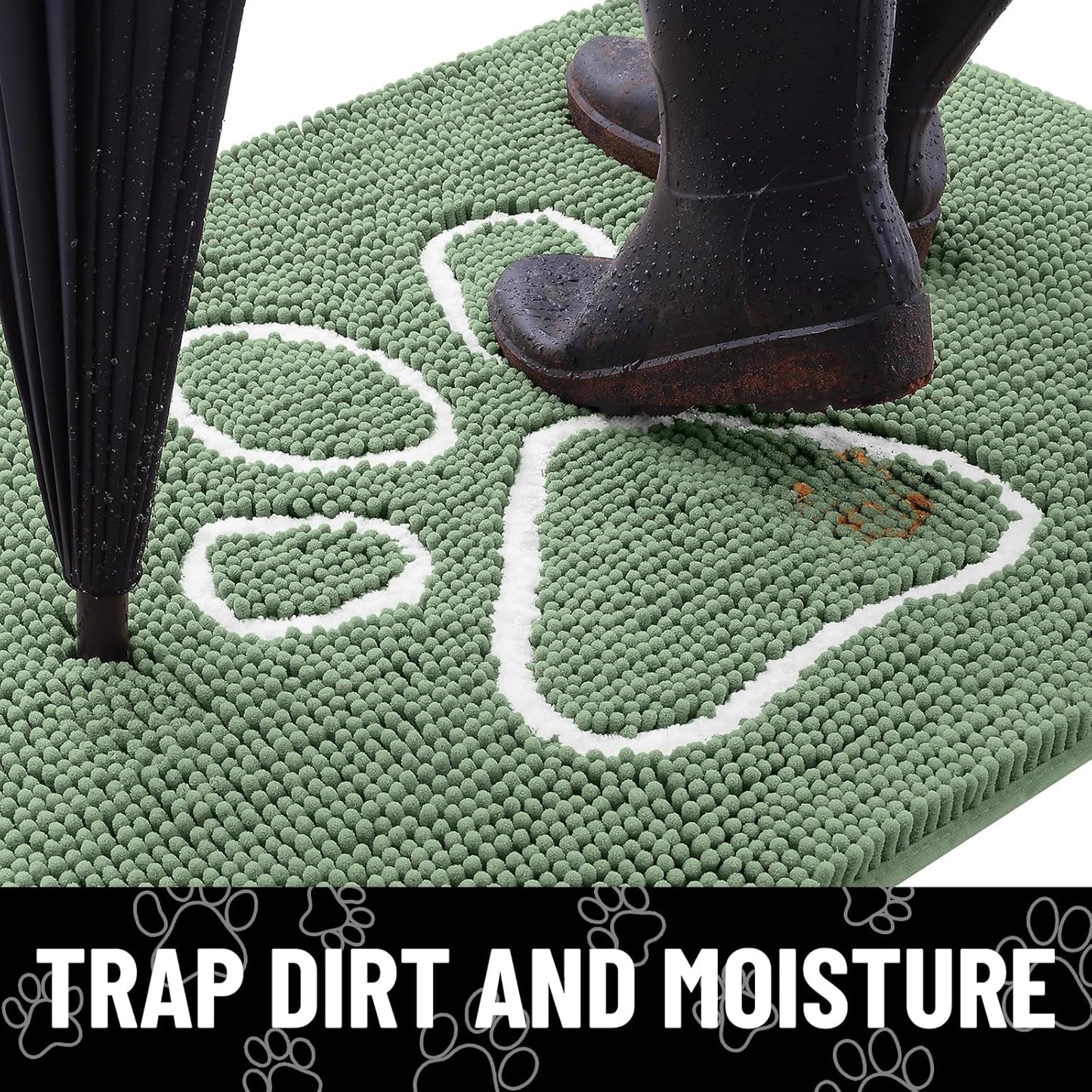 Smiry Dog Door Mat for Muddy Paws, Absorbent Dirt Trapper Non Slip Quick Dry Washable Chenille Mat for Mud Dogs, Entry Rug for Indoor and Outdoor (48x30 Inches, Olive Green and White)
