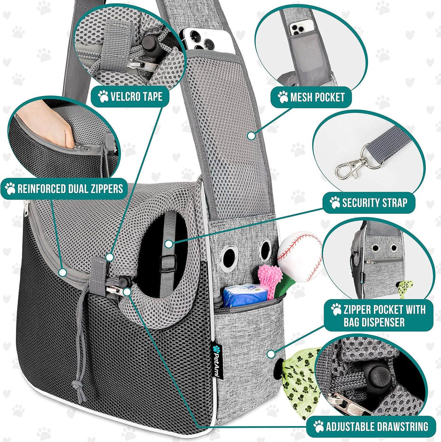 PetAmi Small Dog Sling Carrier, Soft-Sided Crossbody Puppy Carrying Purse Bag, Adjustable Sling Pet Pouch to Wear Medium Dog Cat Travel, Dog Bag for Traveling, Poop Bag Dispenser, Max 10 lbs, Gray