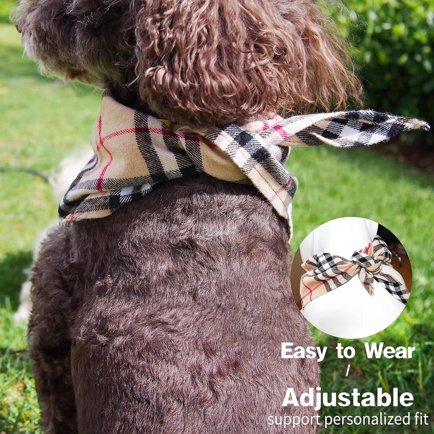 Adjustable Plaid Dog Bandanas,1PC Soft Washable Cotton Triangle Bib Kerchief Scarfs for Small Medium Large Dogs and Cats (Light Khaki, Large)